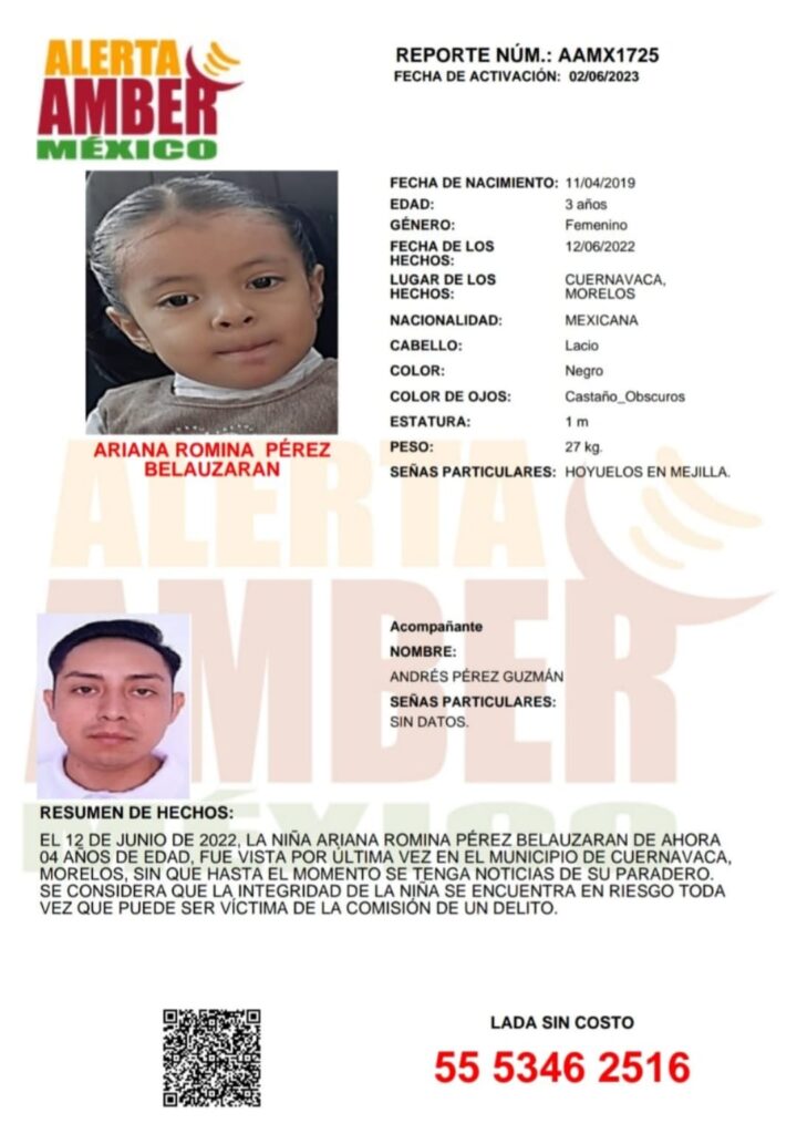 Colaboración de Alerta AMBER para localizar a Ariana Romina Pérez Belauzarán