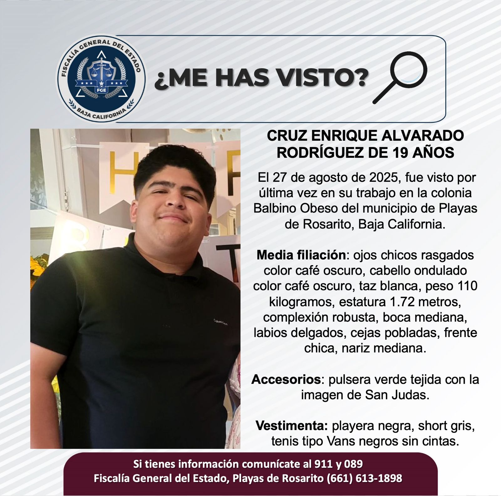 Pesquisa de Cruz Enrique Alvarado Rodríguez de 19 años de edad