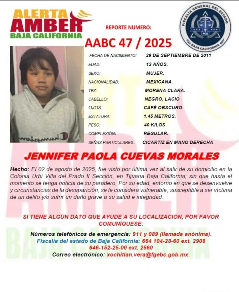 Alerta Amber Baja California Jennifer Paola Cuevas Morales