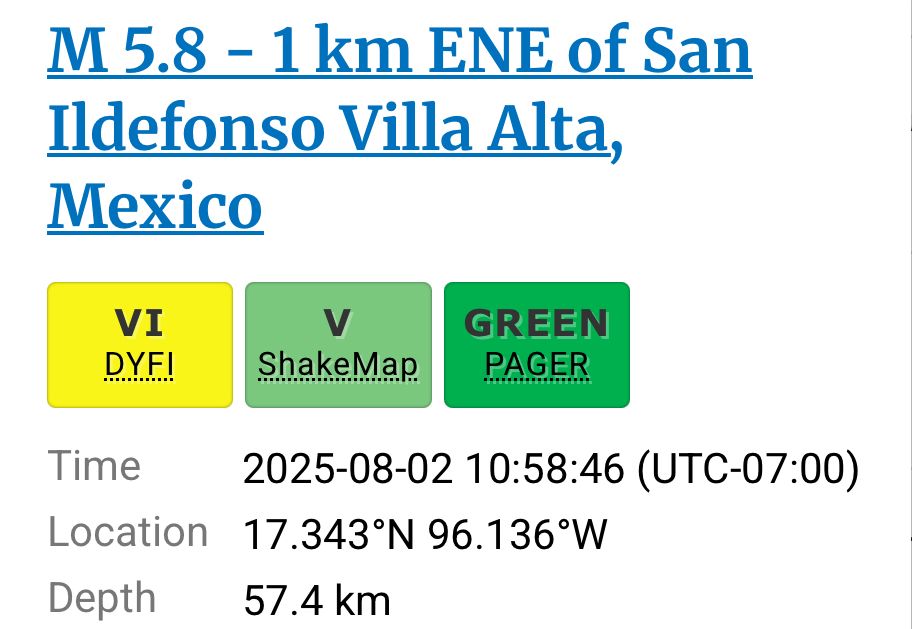 Temblor de magnitud 5.8 sacude la región Sierra Norte de Oaxaca