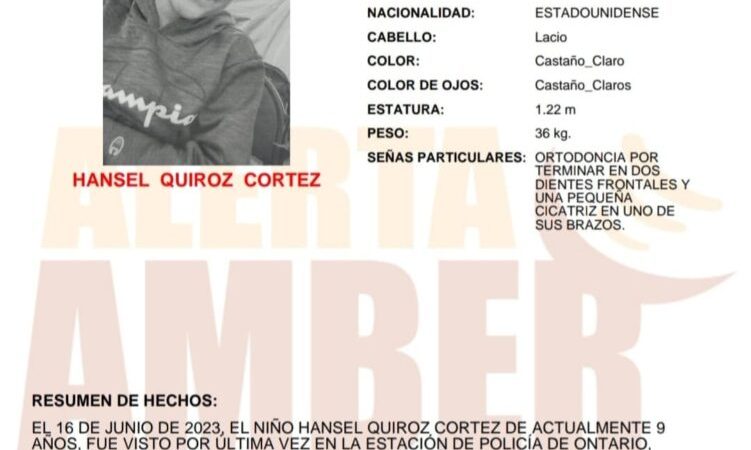 Colaboración de Alerta Amber para localizar a Hansel Quiroz Cortez de 9 años de edad