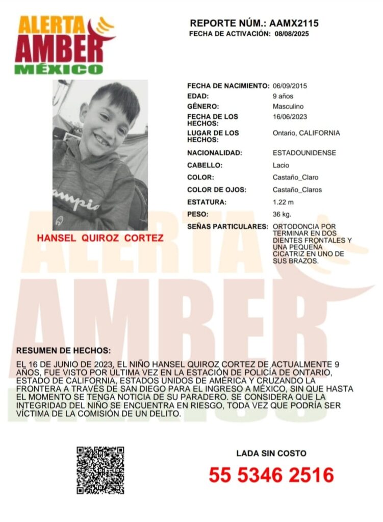 Colaboración de Alerta Amber para localizar a Hansel Quiroz Cortez de 9 años de edad