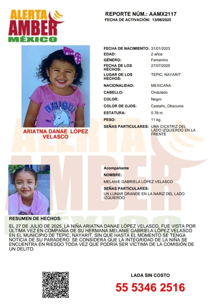 Colaboración de Alerta Amber para localizar a Melanie Gabriela y Ariatna Danae López Velasco