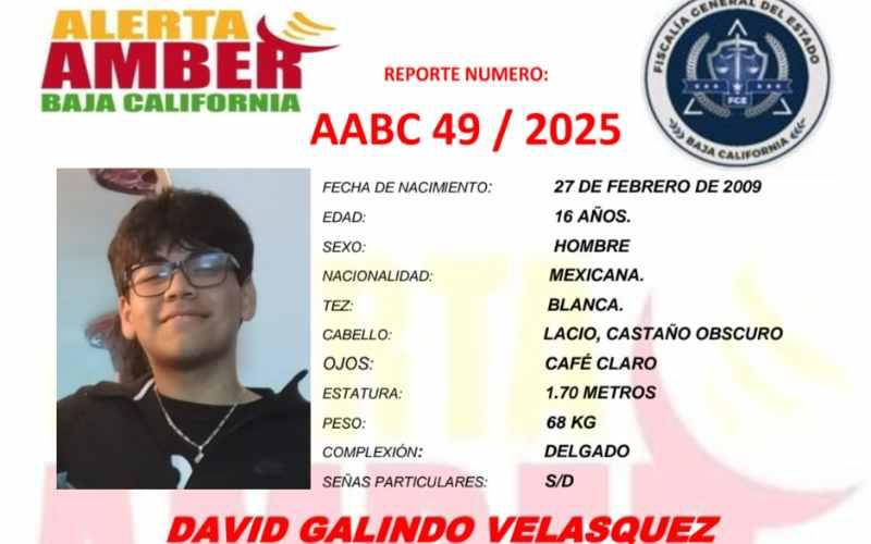 Alerta Amber Baja California David Galindo Velásquez de 16 años