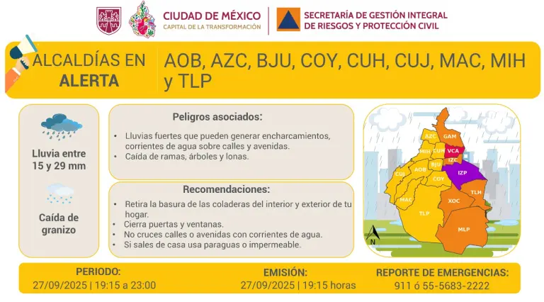 Activan alerta púrpura en Iztapalapa por lluvias; Metro Línea A y el AICM reportan afectaciones