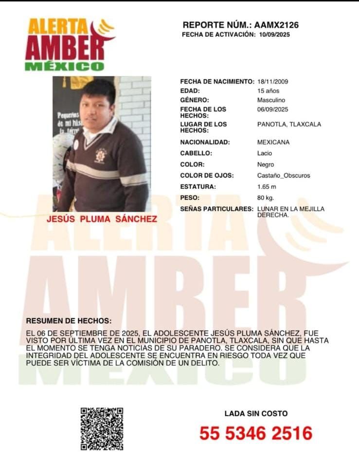 Colaboración de Alerta Amber para buscar a Jesús Pluma Sánchez de 15 años de edad