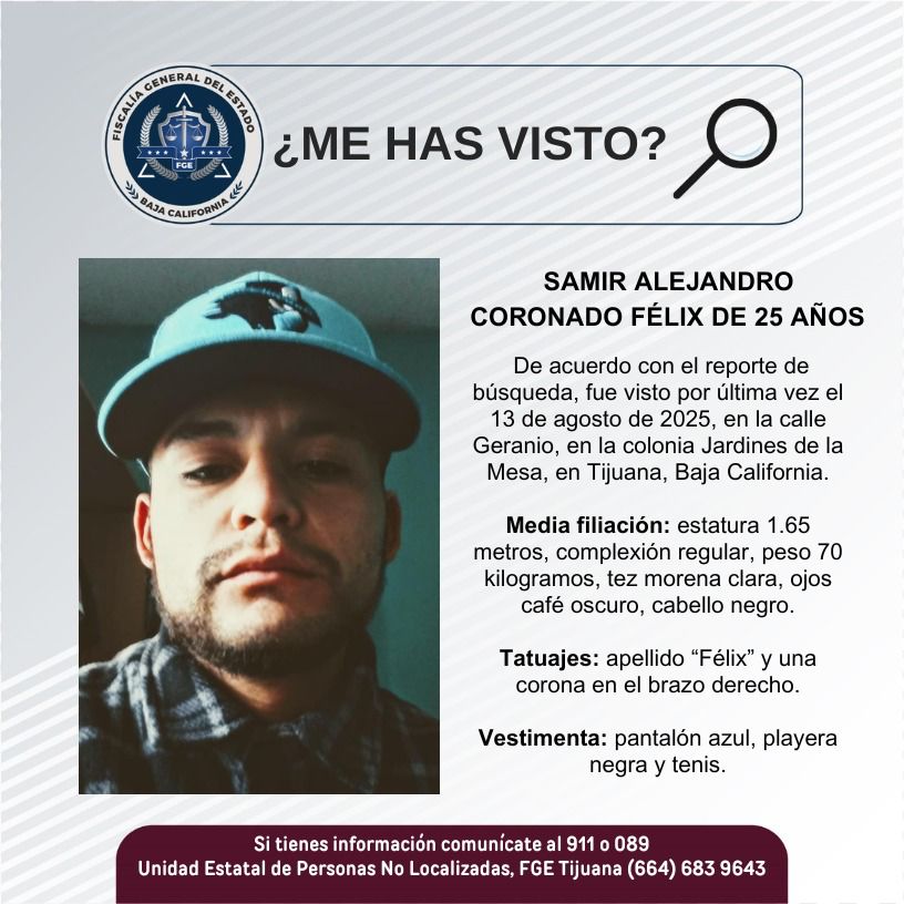 Pesquisa de Samir Alejandro Coronado Félix de 25 años de edad