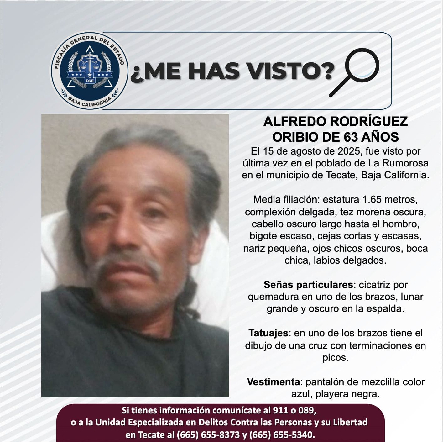 Solicitan apoyo ciudadano para localizar a Alfredo Rodríguez Oribio en Tecate