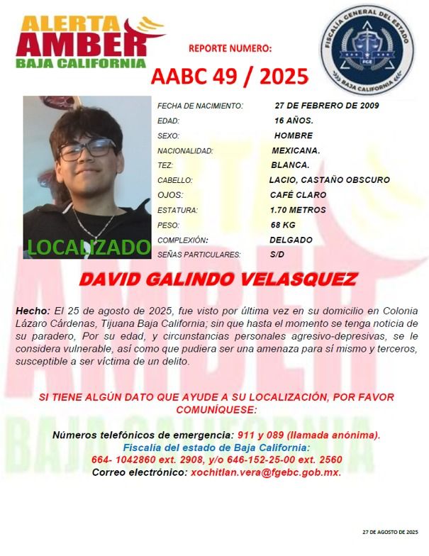 Alerta AMBER de David Galindo Velásquez de 16 años desactivada
