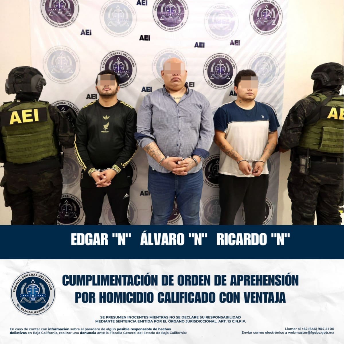 Fiscalía detiene a tres hombres por homicidio calificado con ventaja