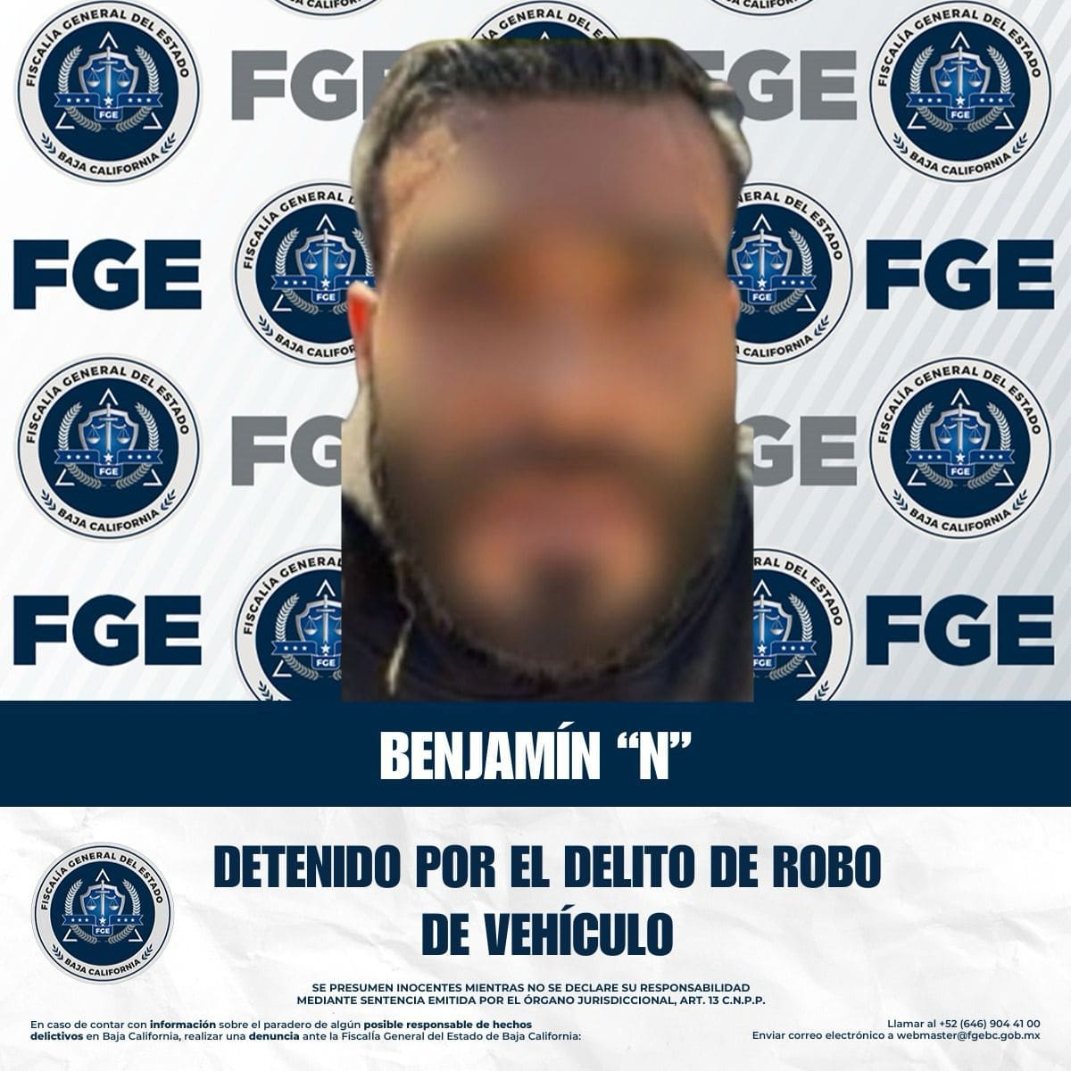 Fiscalía General del Estado de BC asegura a sujeto implicado en robo de vehículo en tijuana
