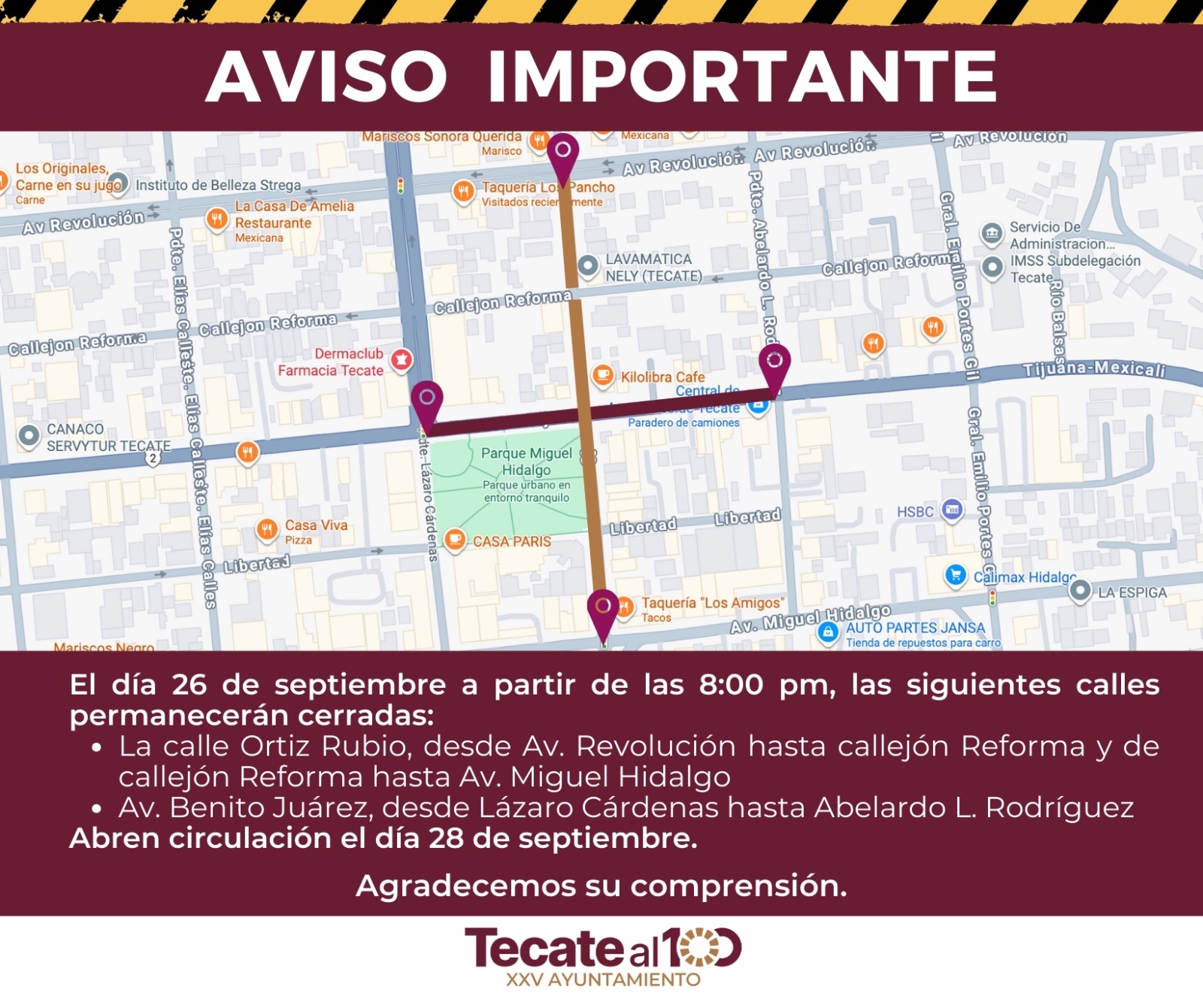 Gobierno de Tecate anuncia cierre temporal de vialidades este viernes y sábado