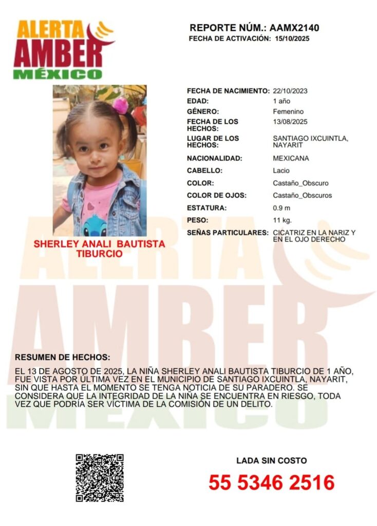 Alerta AMBER para localizar a Sherley Analí Bautista Tiburcio de 1 año de edad