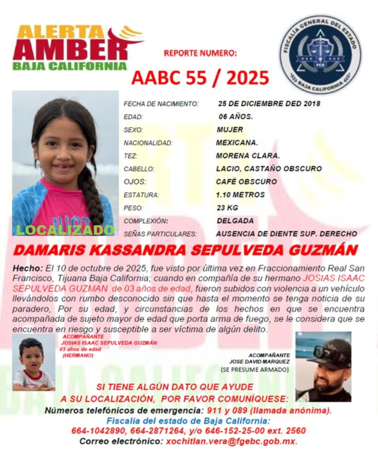 Alerta AMBER desactivada de los menores Damaris Kassandra y Josías Isaac Sepúlveda Guzmán de 6 y 3 años de edad