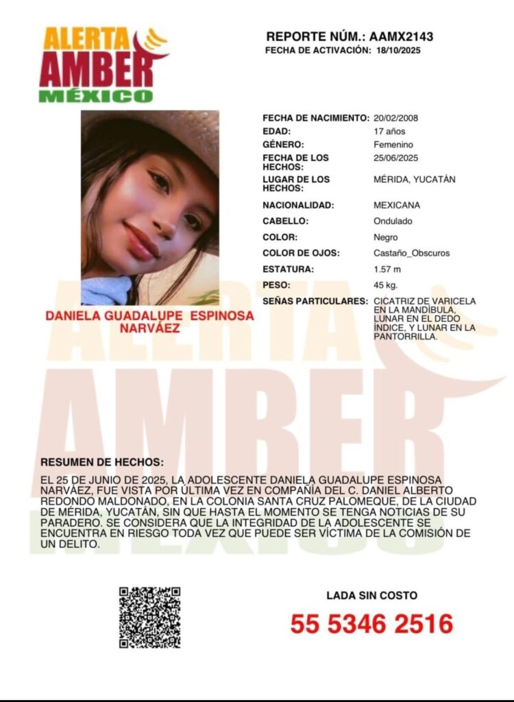 Alerta AMBER para localizar a Daniela Guadalupe Espinosa Narváez de 17 años
