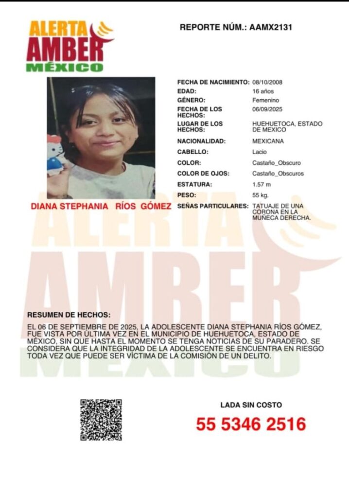 Alerta Amber para localizar a Diana Stephania Ríos Gómez de 16 años de edad