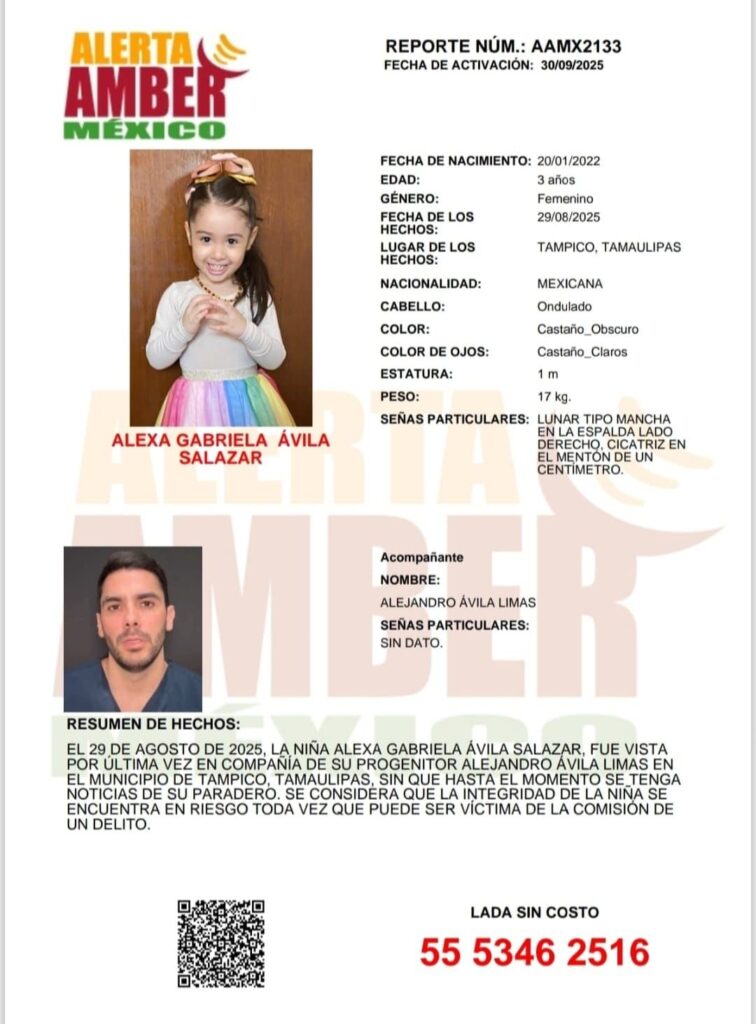 Alerta Amber para localizar a Alexa Gabriela Ávila Salazar de 3 años de edad