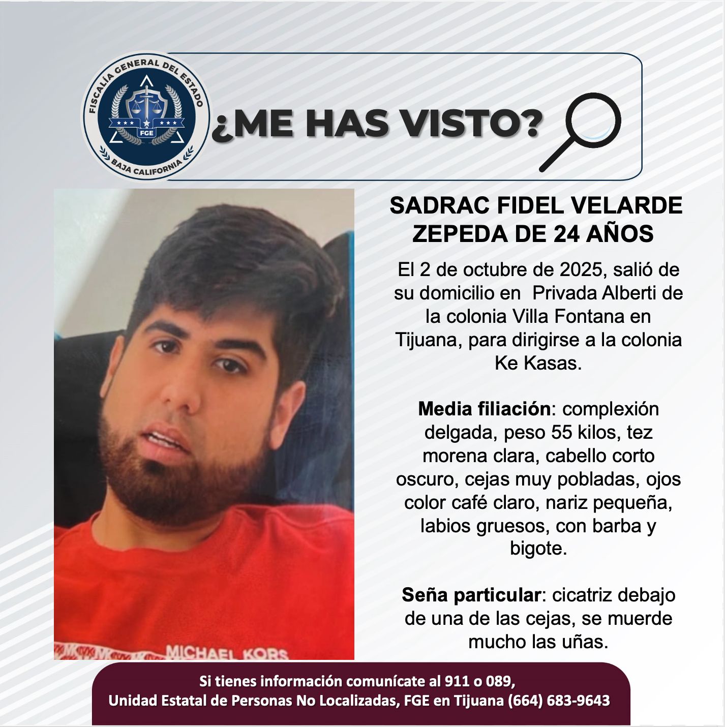 Pesquisa de Sadrac Fidel Velarde Zepeda de 24 años de edad