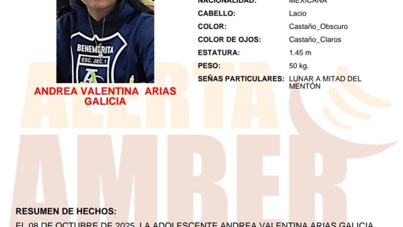 Alerta Amber búsqueda de la adolescente Andrea Valentina Arias de 13 años
