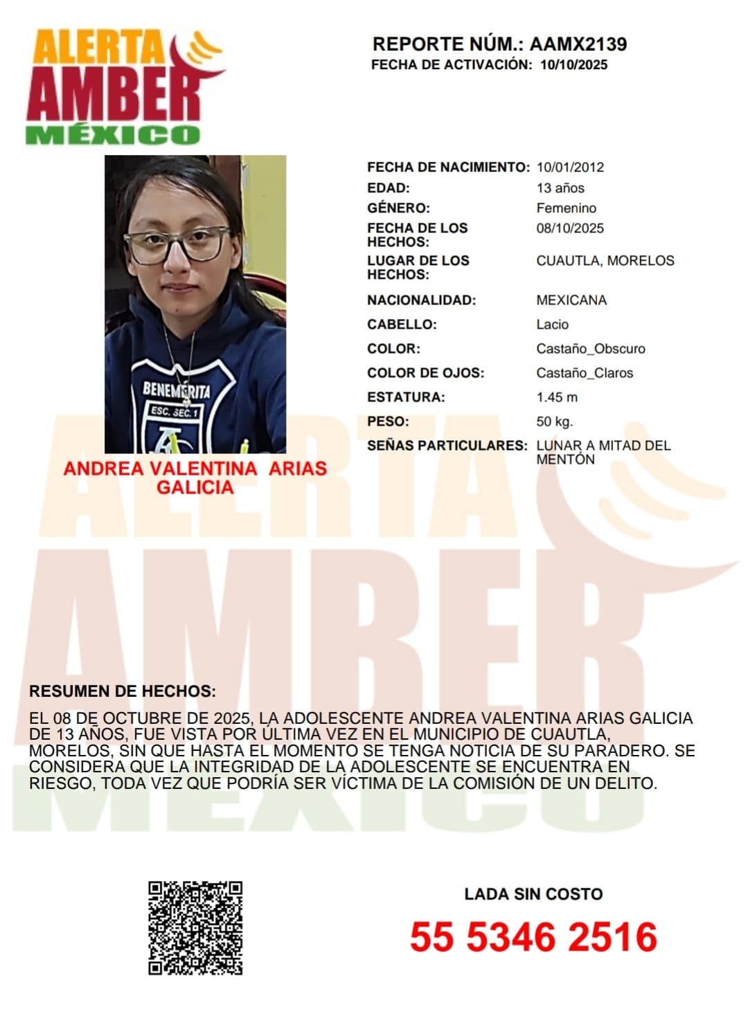 Alerta Amber búsqueda de la adolescente Andrea Valentina Arias de 13 años