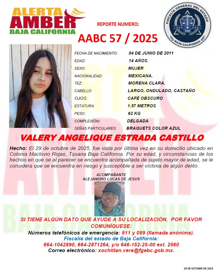 Alerta Amber para localizar de Valery Angeline Estrada Castillo de 14 años