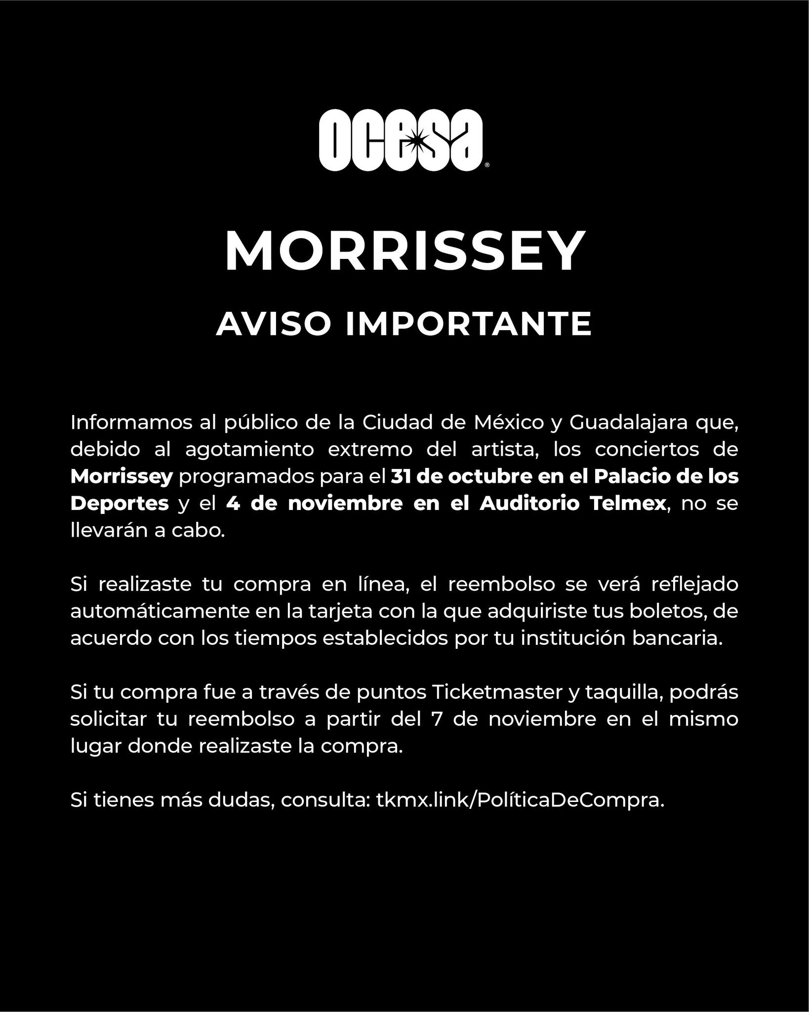 Todas las veces que Morrissey ha dejado plantado a México: así han sido sus cancelaciones