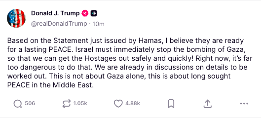 Trump celebra disposición de Hamás para entregar rehenes y pide a Israel parar bombardeos