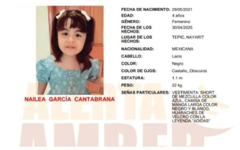 Alerta Amber de la menor Nailea García Cantabrana de 4 años
