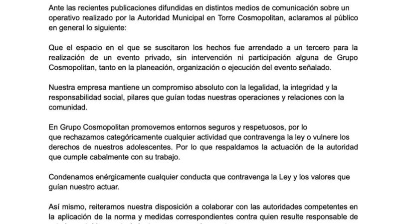 Grupo Cosmopolitan se deslinda de incidente registrado en Torre Cosmopolitan; respalda actuación de autoridades