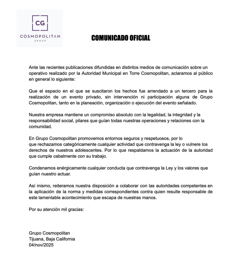 Grupo Cosmopolitan se deslinda de incidente registrado en Torre Cosmopolitan; respalda actuación de autoridades