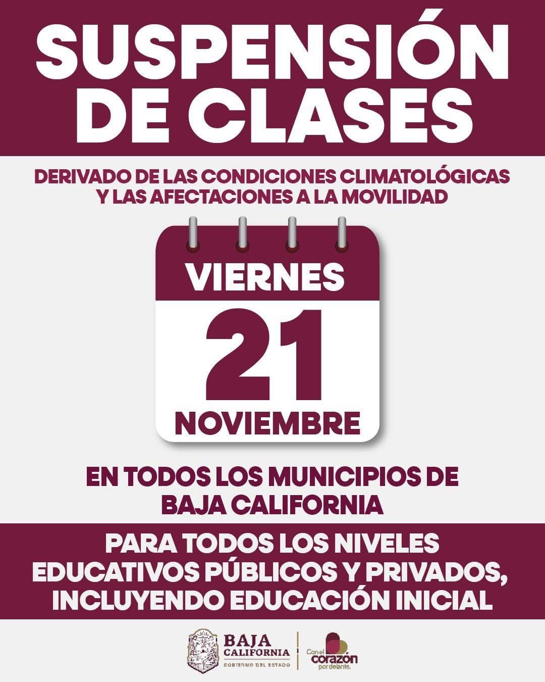 Gobierno de Tecate informa suspensión de clases este 21 de noviembre por pronóstico de lluvias y vientos
