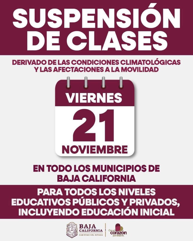 Suspensión general de clases este viernes por mal clima en BC