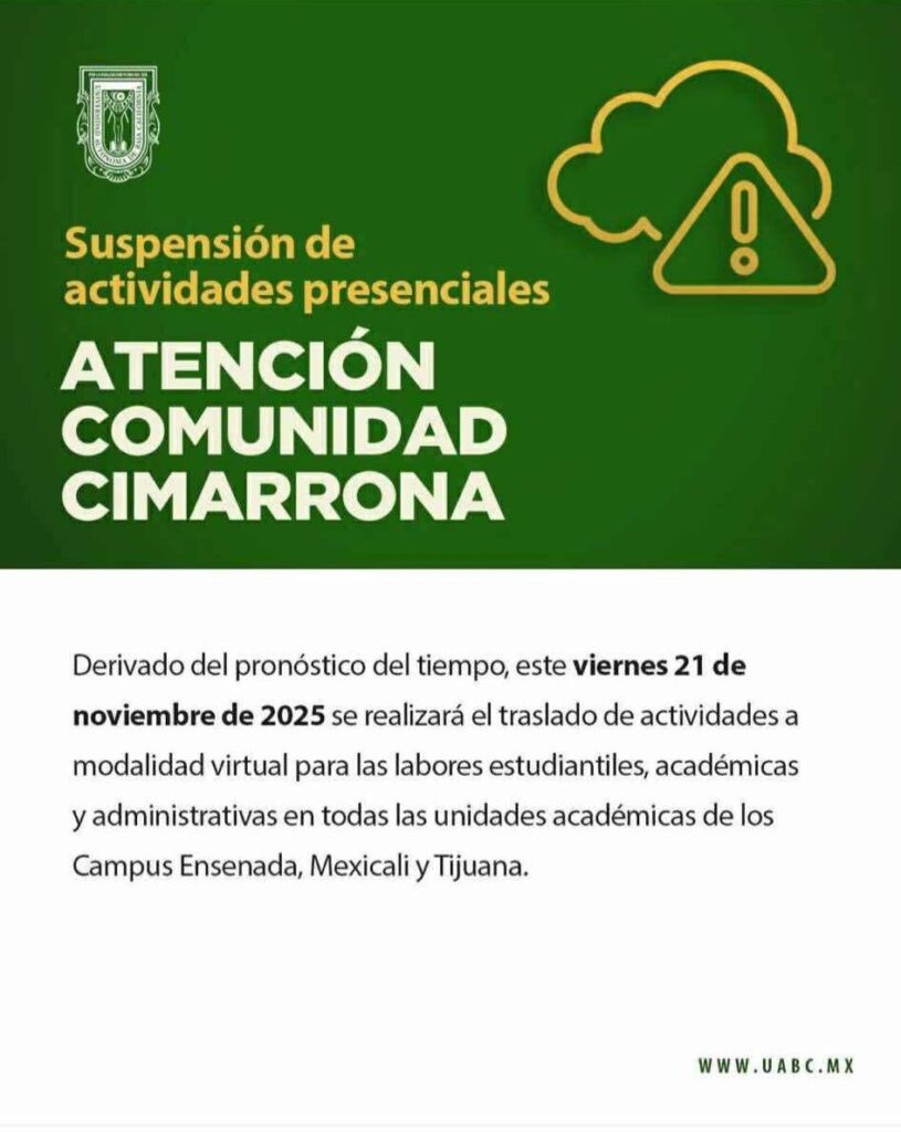 UABC decide suspender actividades presenciales este viernes por lluvias