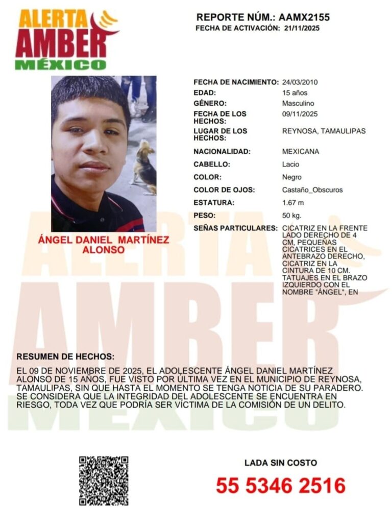 Colaboración de Alerta Amber para localizar a Ángel Daniel Martínez Alonso de 15 años