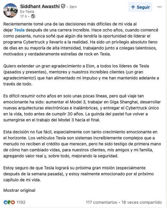 Renuncia Siddhant Awasthi, jefe del proyecto Cybertruck de Tesla