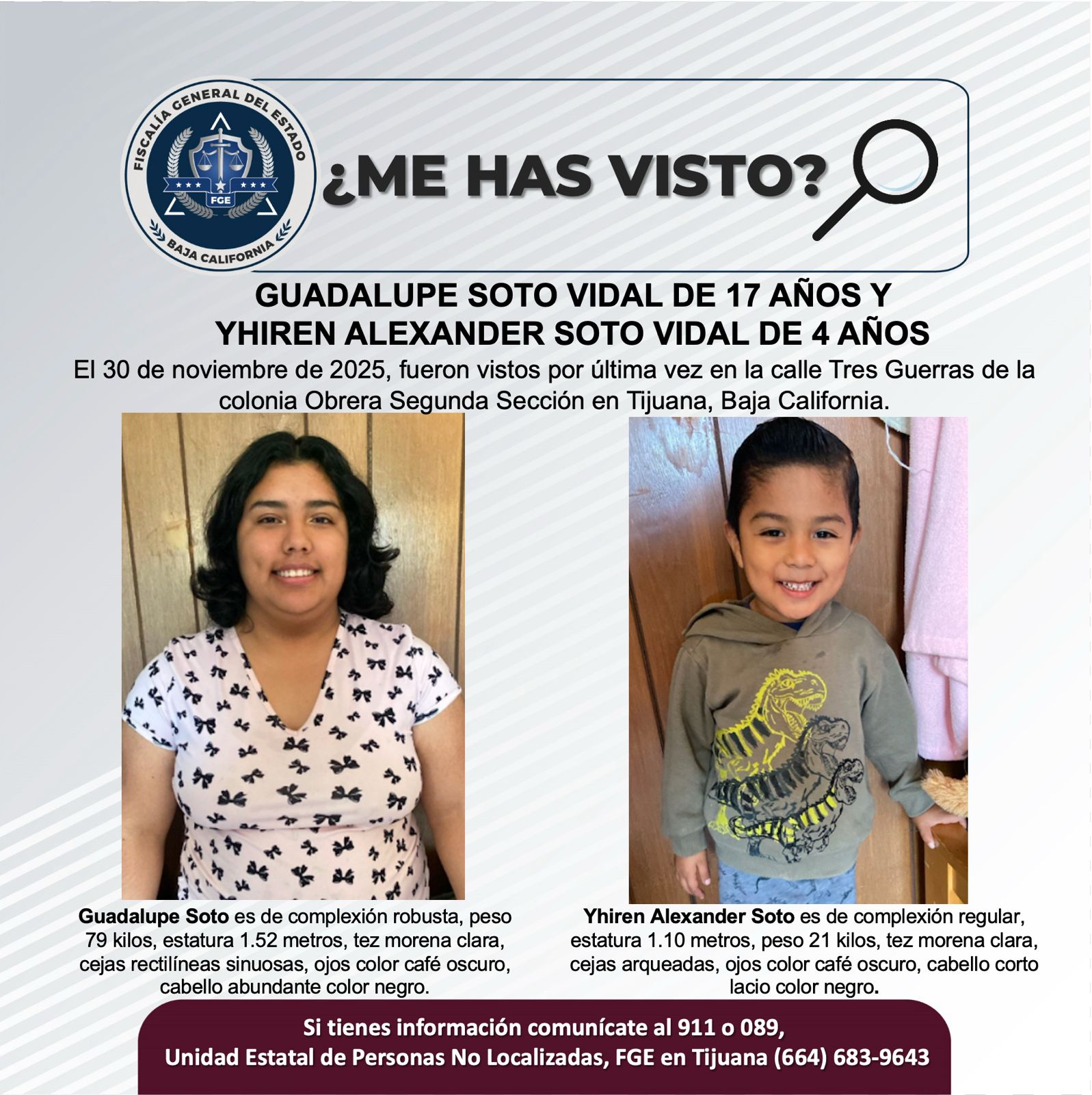 Pesquisa de Guadalupe Soto Vidal de 17 años y Yhiren Alexander Soto Vidal de 4 años