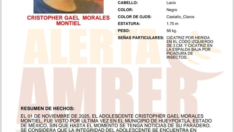Activan Alerta AMBER para localizar a menor desaparecido en Estado de México