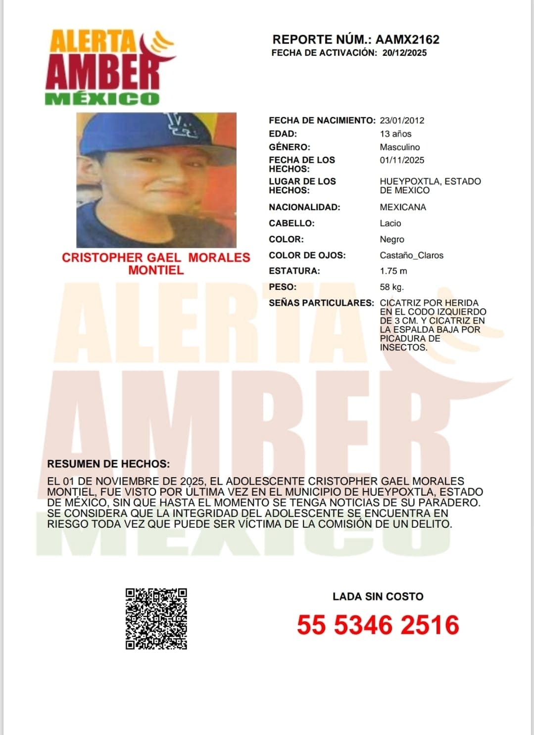 Activan Alerta AMBER para localizar a menor desaparecido en Estado de México