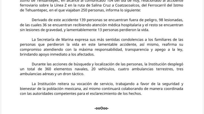 Descarrilamiento del Tren Interoceánico deja 13 muertos y casi 100 heridos
