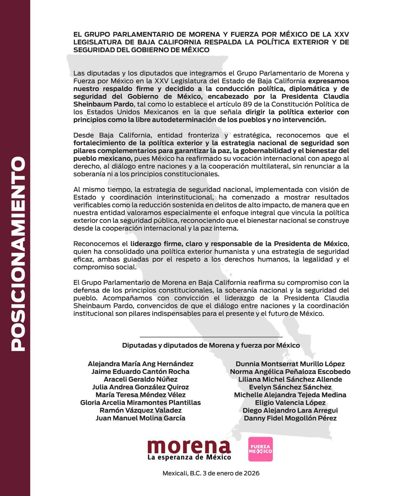 Diputados de Morena y Fuerza por México en BC respaldan Política Exterior y de Seguridad del Gobierno Federal