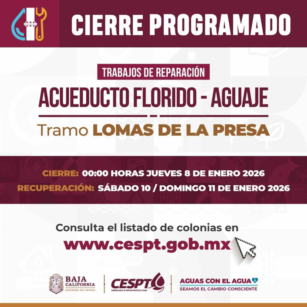 CESPT suspenderá el suministro de agua en 691 colonias por trabajos en el acueducto Florido-Aguaje