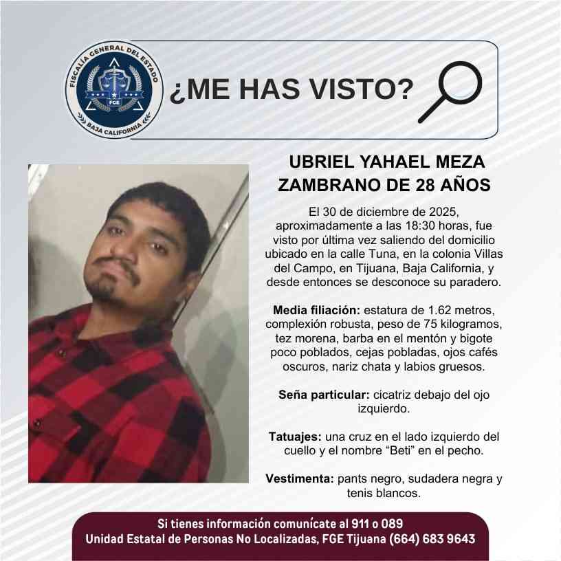 Pesquisa de Ubriel Yahael Meza Zambrano de 28 años de edad