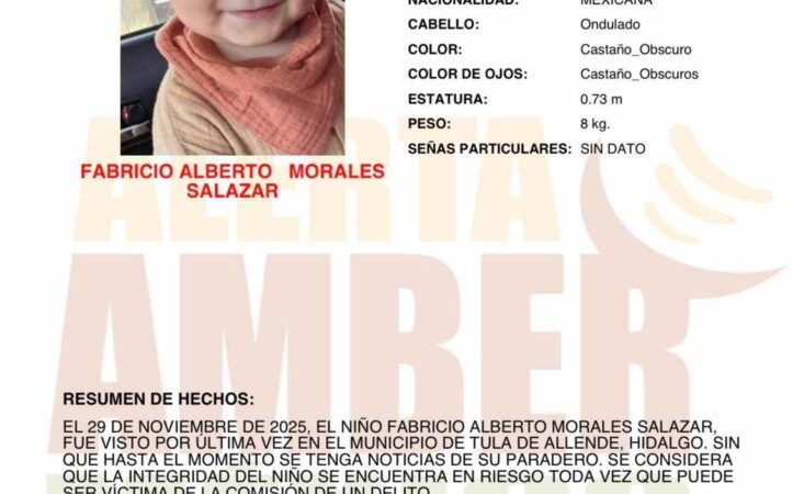 Alerta Amber para localizar a Fabricio Alberto Morales Salazar de 1 año
