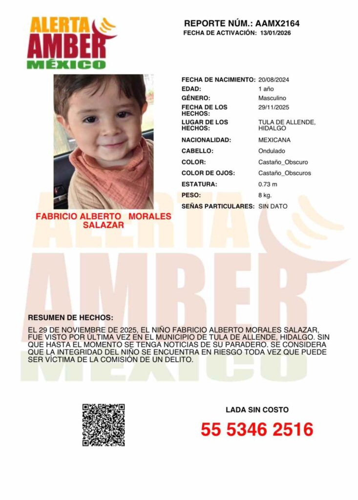 Alerta Amber para localizar a Fabricio Alberto Morales Salazar de 1 año