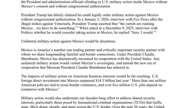 Congresistas demócratas advierten que un ataque militar de EE. UU. contra México sería ilegal y desastroso