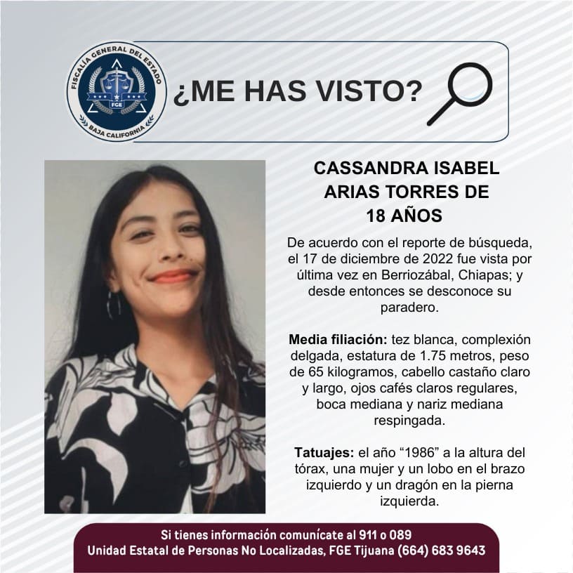 Pesquisa, para localizar a Cassandra Isabel Arias Torres, de 18 años de edad
