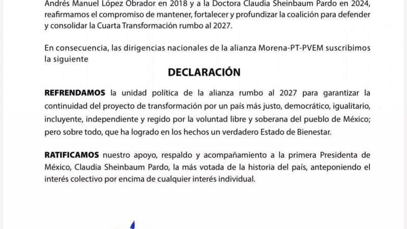 Morena, PT y Partido Verde ratifican Alianza Política rumbo a 2027