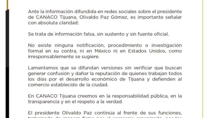 CANACO Tijuana desmiente acusaciones contra su presidente Olivaldo Paz Gómez