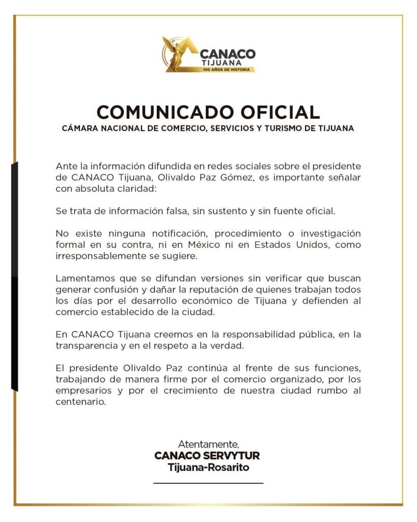 CANACO Tijuana desmiente acusaciones contra su presidente Olivaldo Paz Gómez